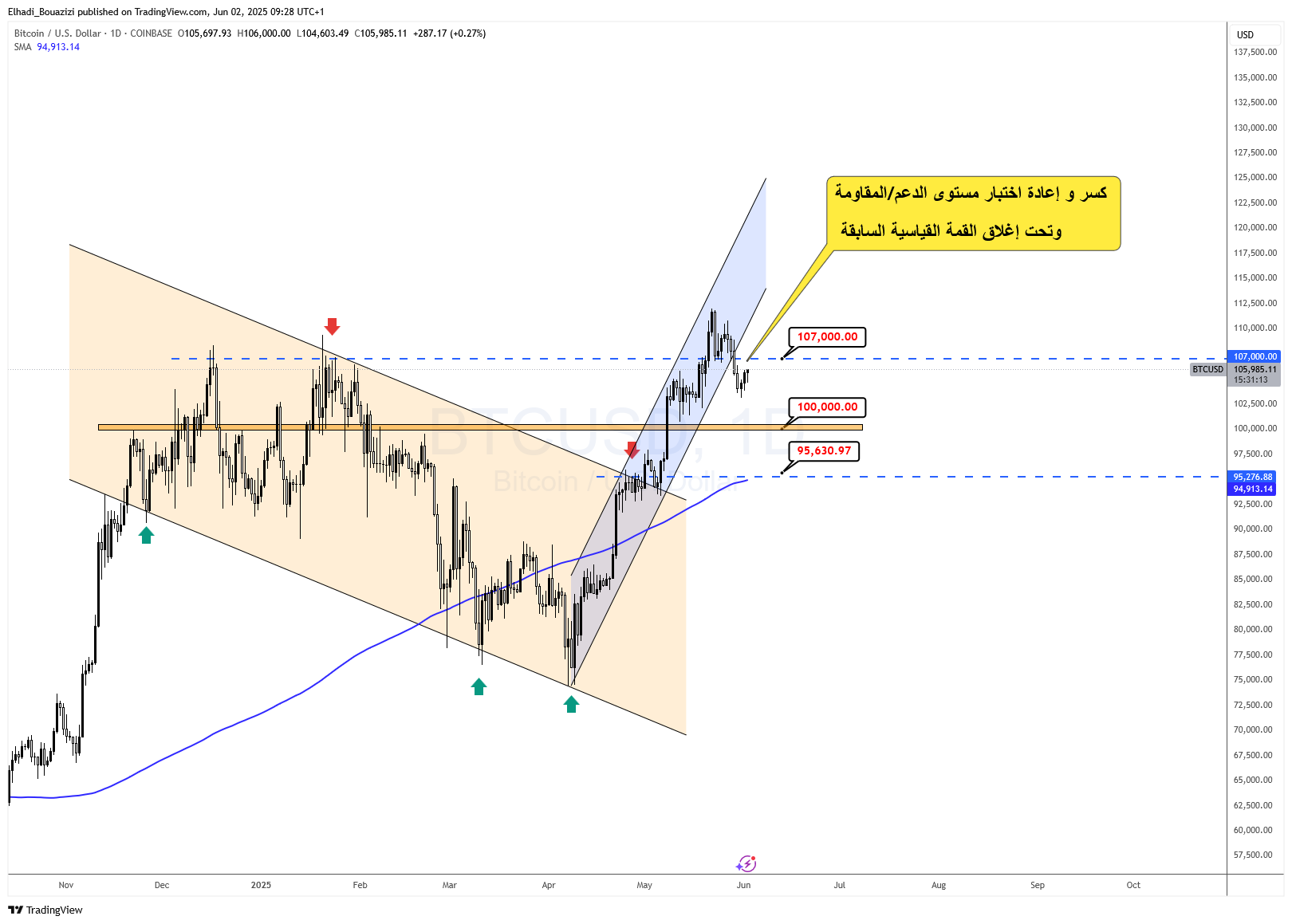 الرسم البياني اليومي لسعر البيتكوين BTC - المصدر: TradingView