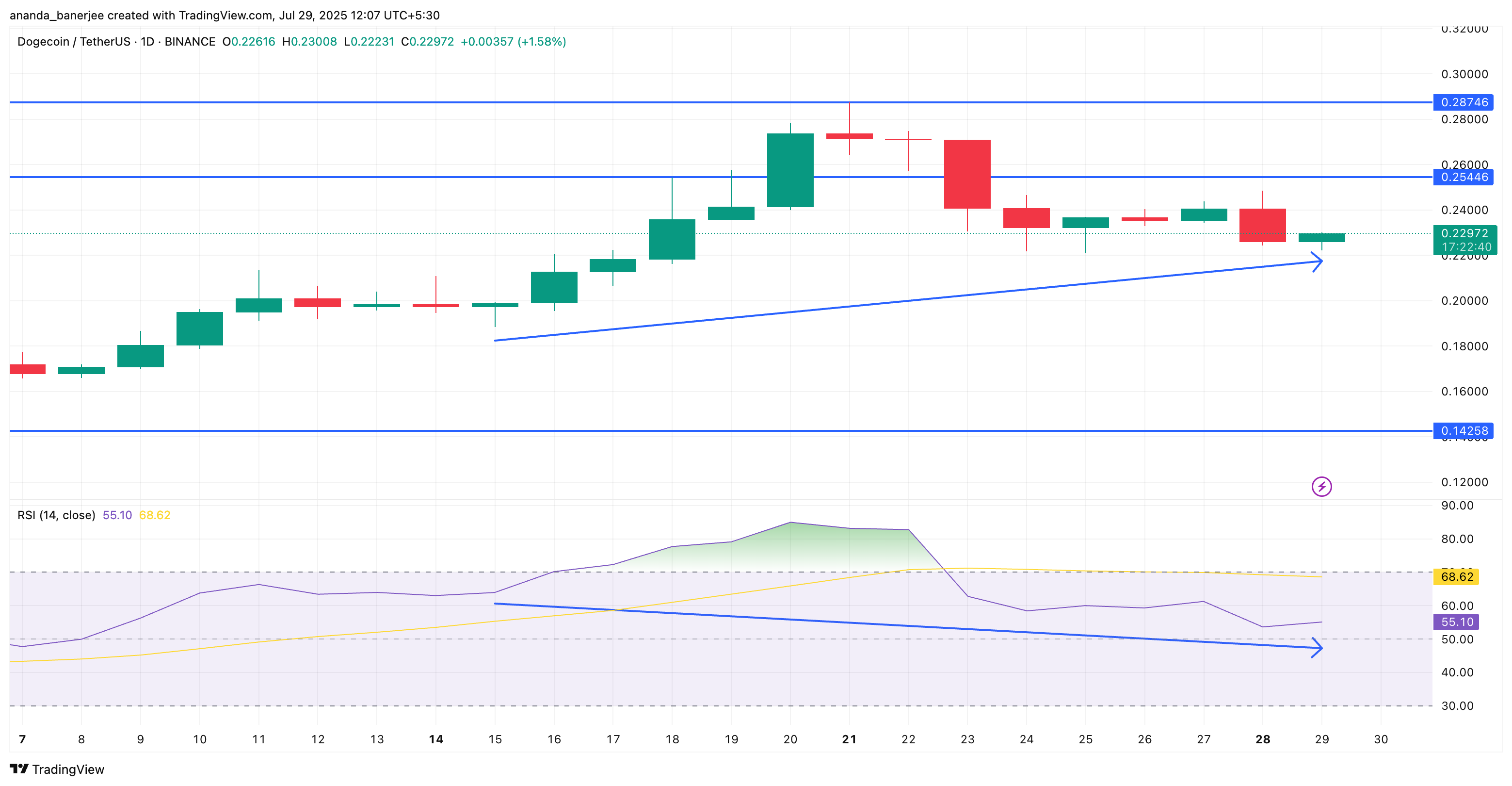 سعر دوجكوين وتباعد RSI