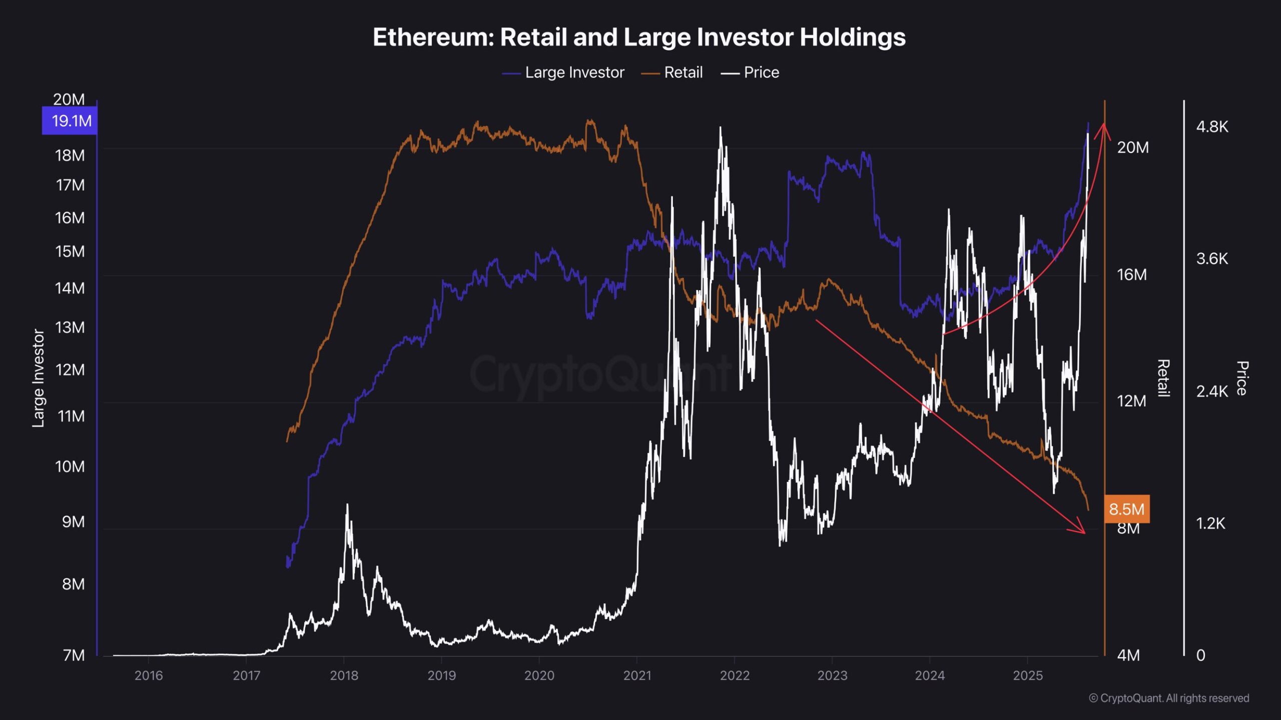 حيازات إيثريوم للمستثمرين الأفراد والكبار. المصدر: CryptoQuant.